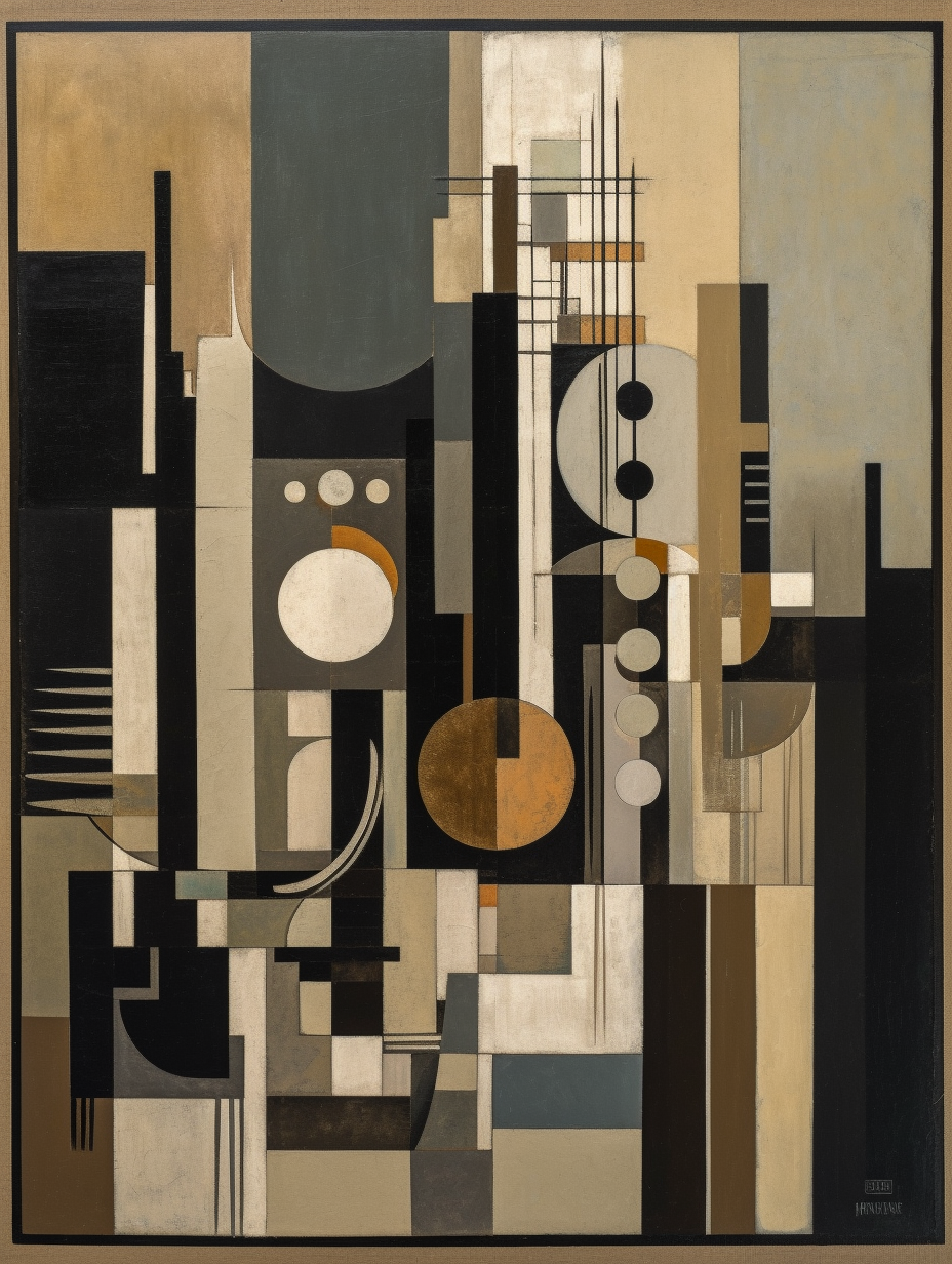 Abstract painting in beige and black with geometric shapes.