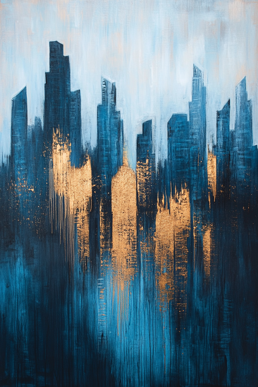 Abstract painting of city skyline with blues, greys, gold.