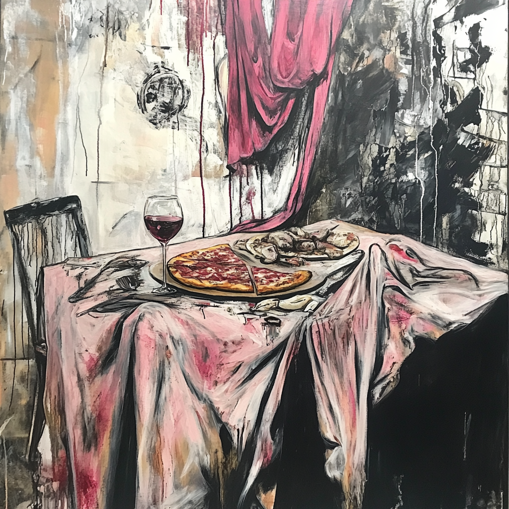 Abstract painting of table with draped cloth, pizza, wine.