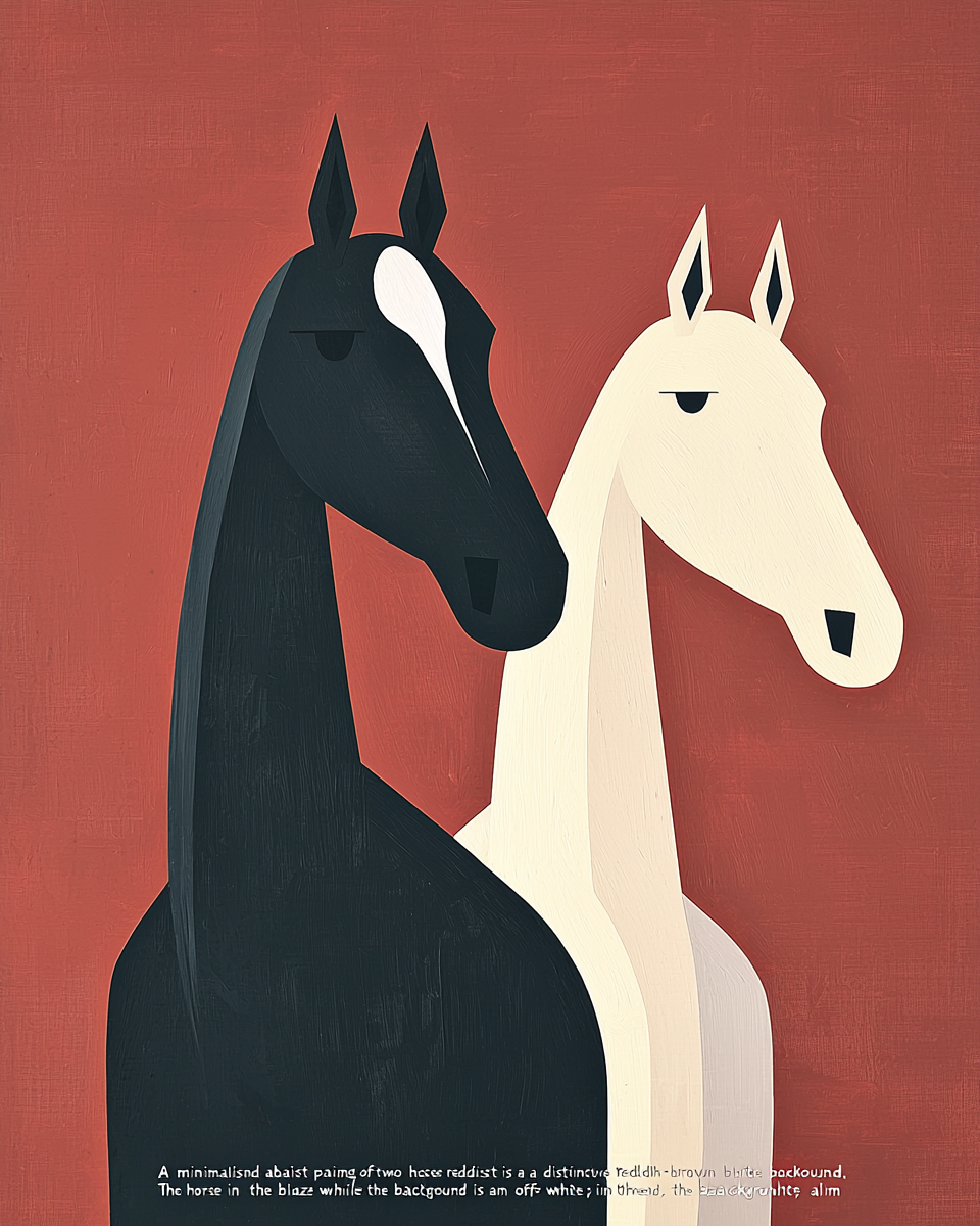 Abstract painting of two horses on red-brown background.