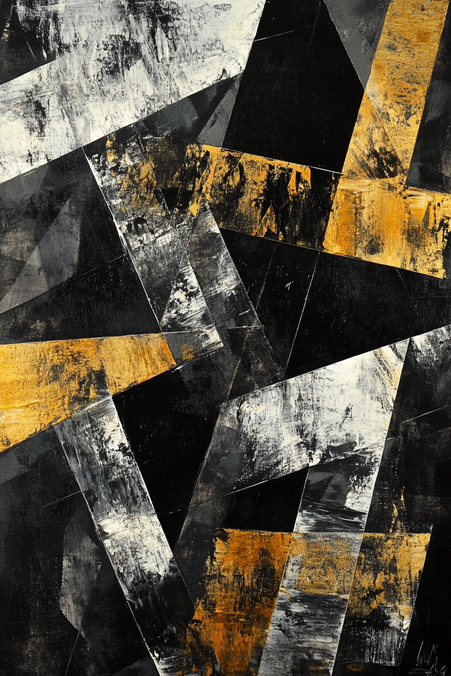 Abstract painting with deep charcoal, gold, silver accents. Structured shapes.