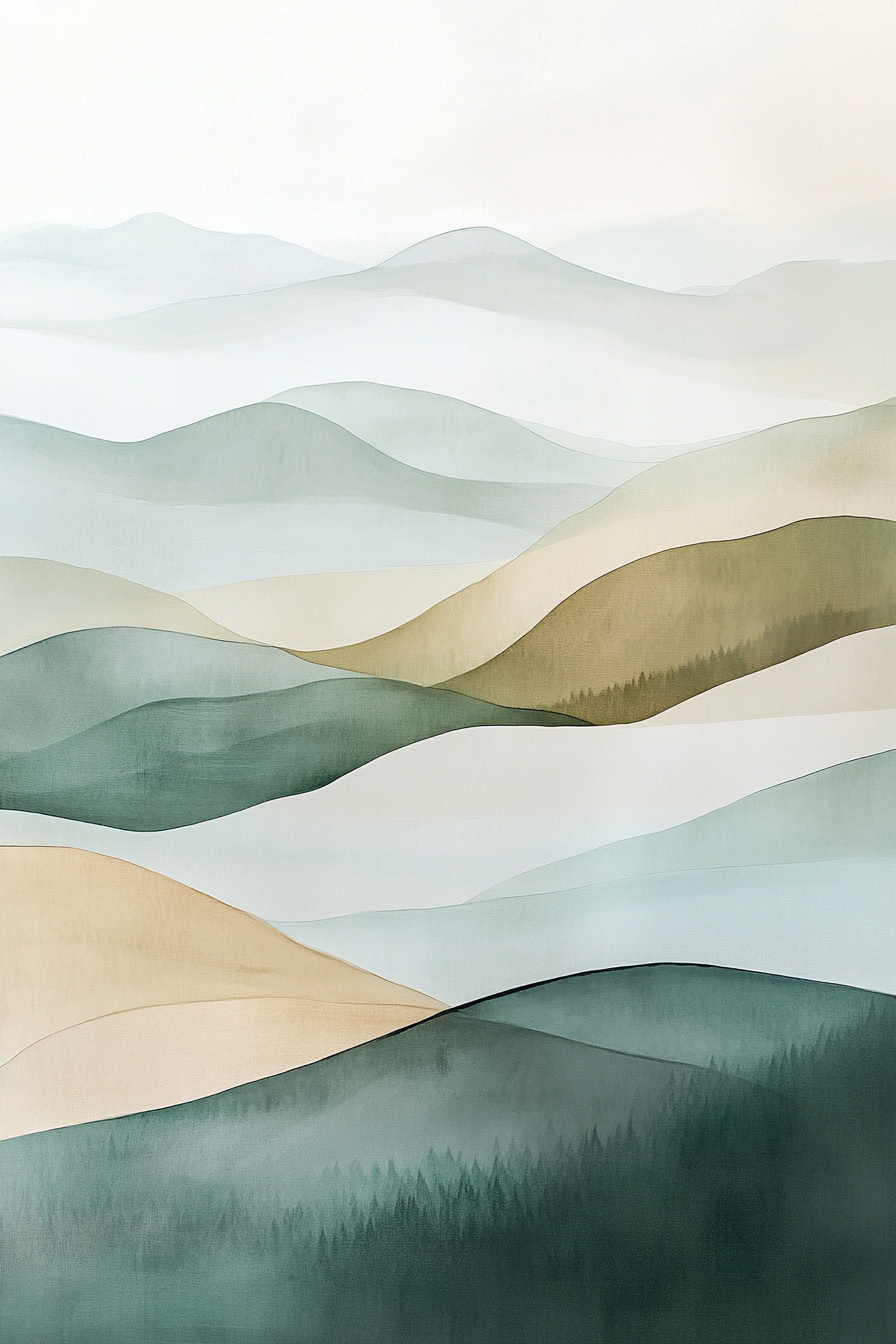 Abstract painting with gentle curves of hills and waves.