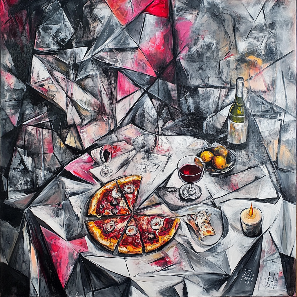 Abstract painting with realistic elements, table with pizza.