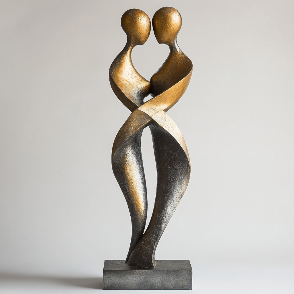 Abstract sculpture of slender figure intertwined with solid figure