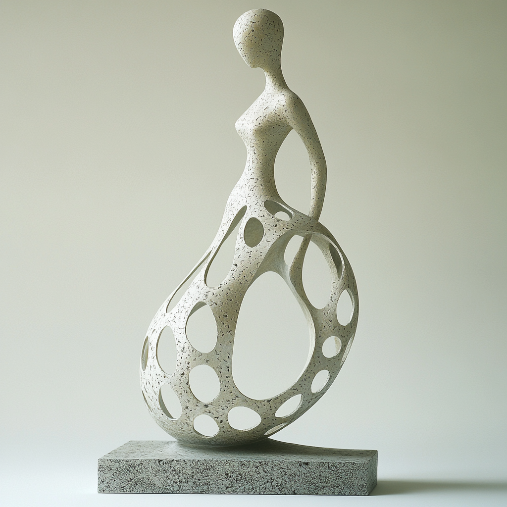 Abstract sculpture with slender figure in graceful pose.