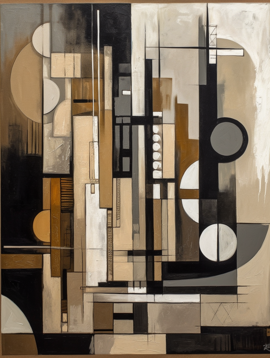 Abstract shapes in beige and black with geometric forms.Sharp.