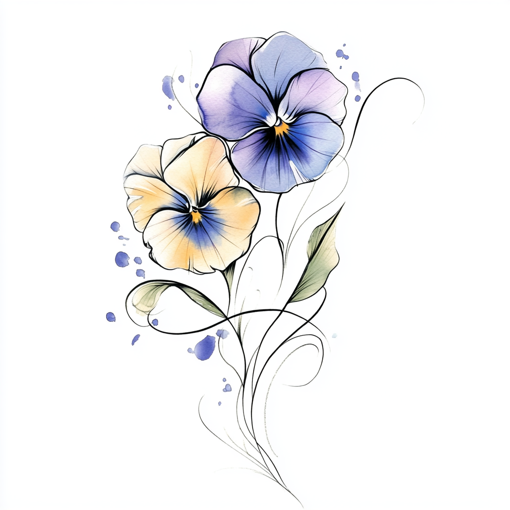 Abstract sketch of intertwined blue and yellow pansies.