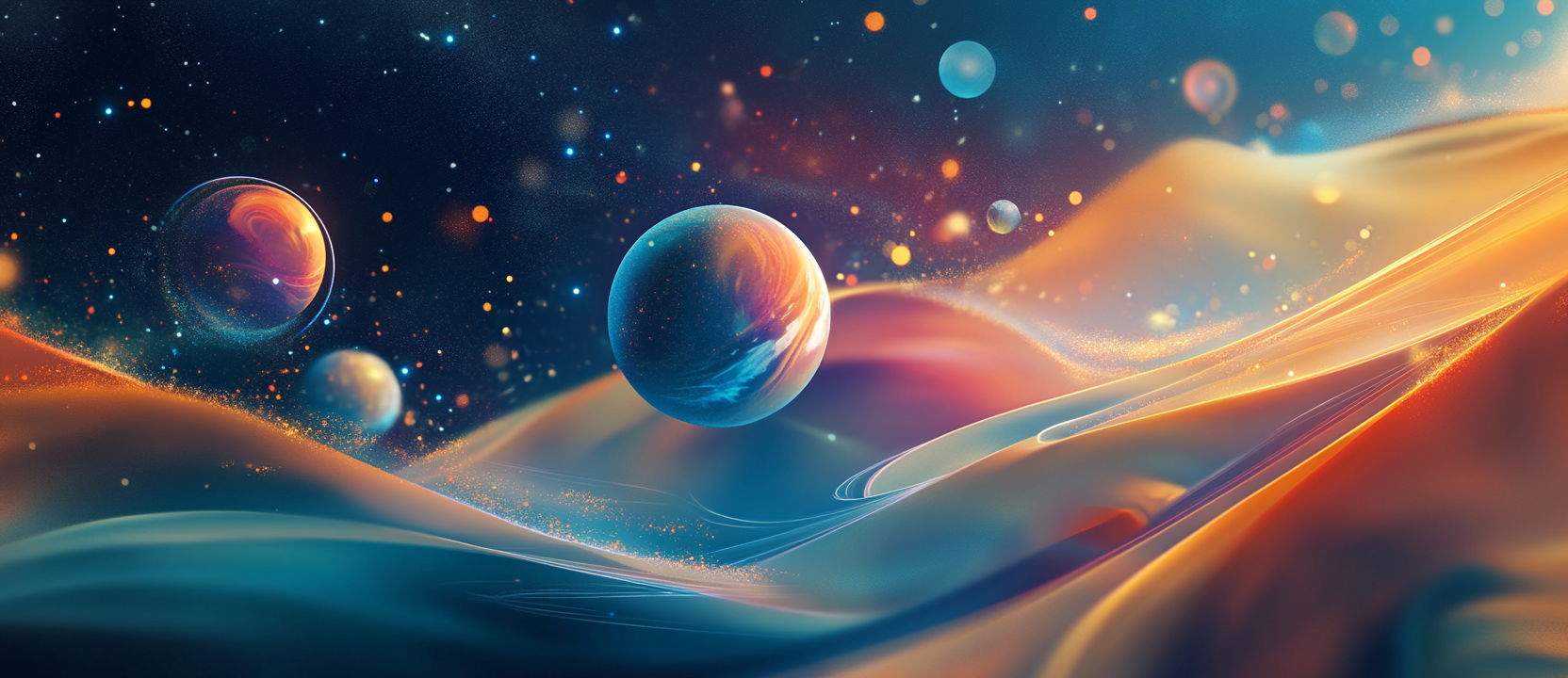 Abstract space art with planets and stars.