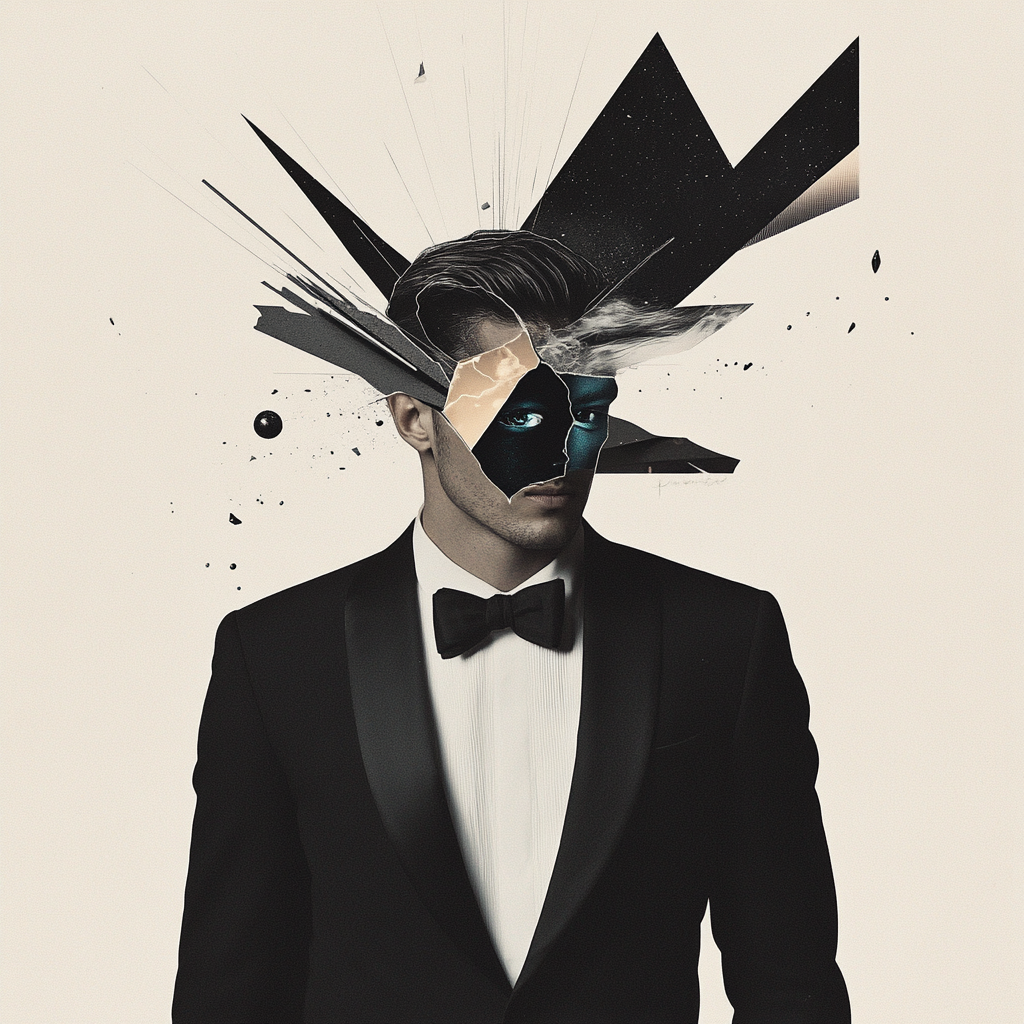 Abstract surreal collage: man in tux, head split.