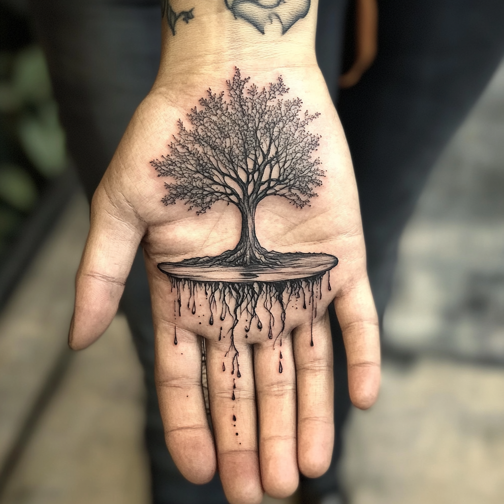 Abstract tattoo: healthy tree by still water, deep roots.