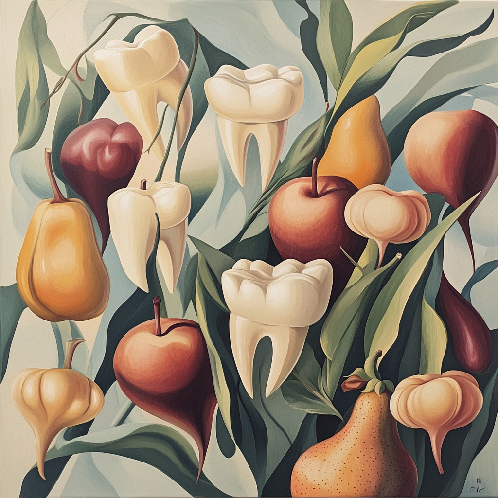 Abstract teeth and produce merge tastefully in sleek artwork.