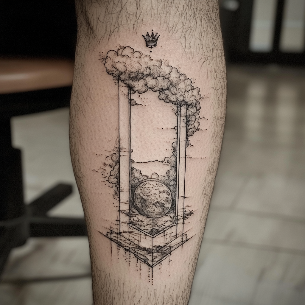 Abstract throne chair tattoo with crown, clouds, Earth view.