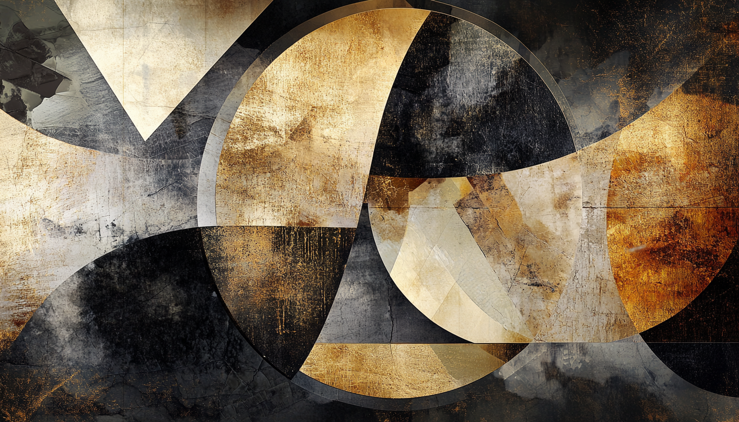 Abstract triangles and circles float in liquid gold background, shifting.