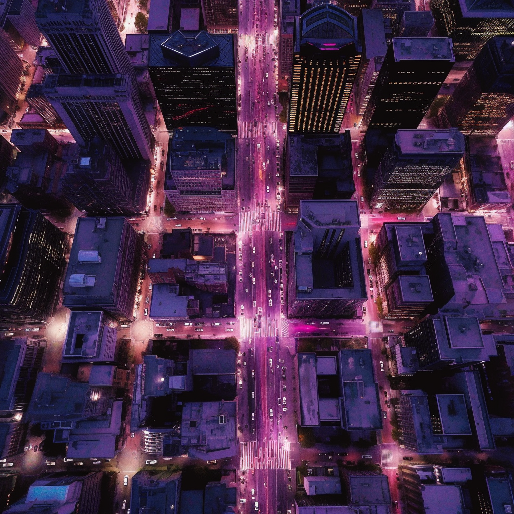 Abstract view of big city from drone, shades of purple.