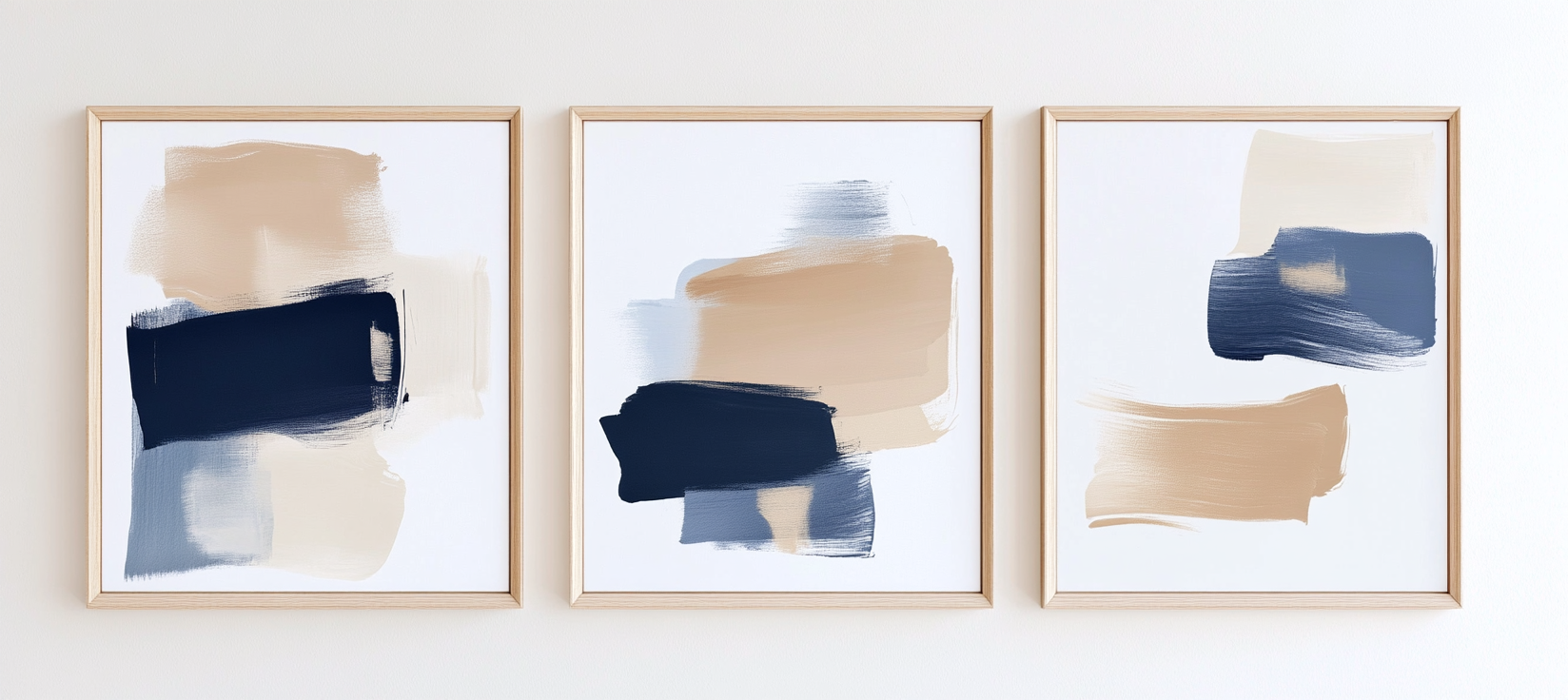 Abstract wall art set, three frames, neutral tones, navy blue.