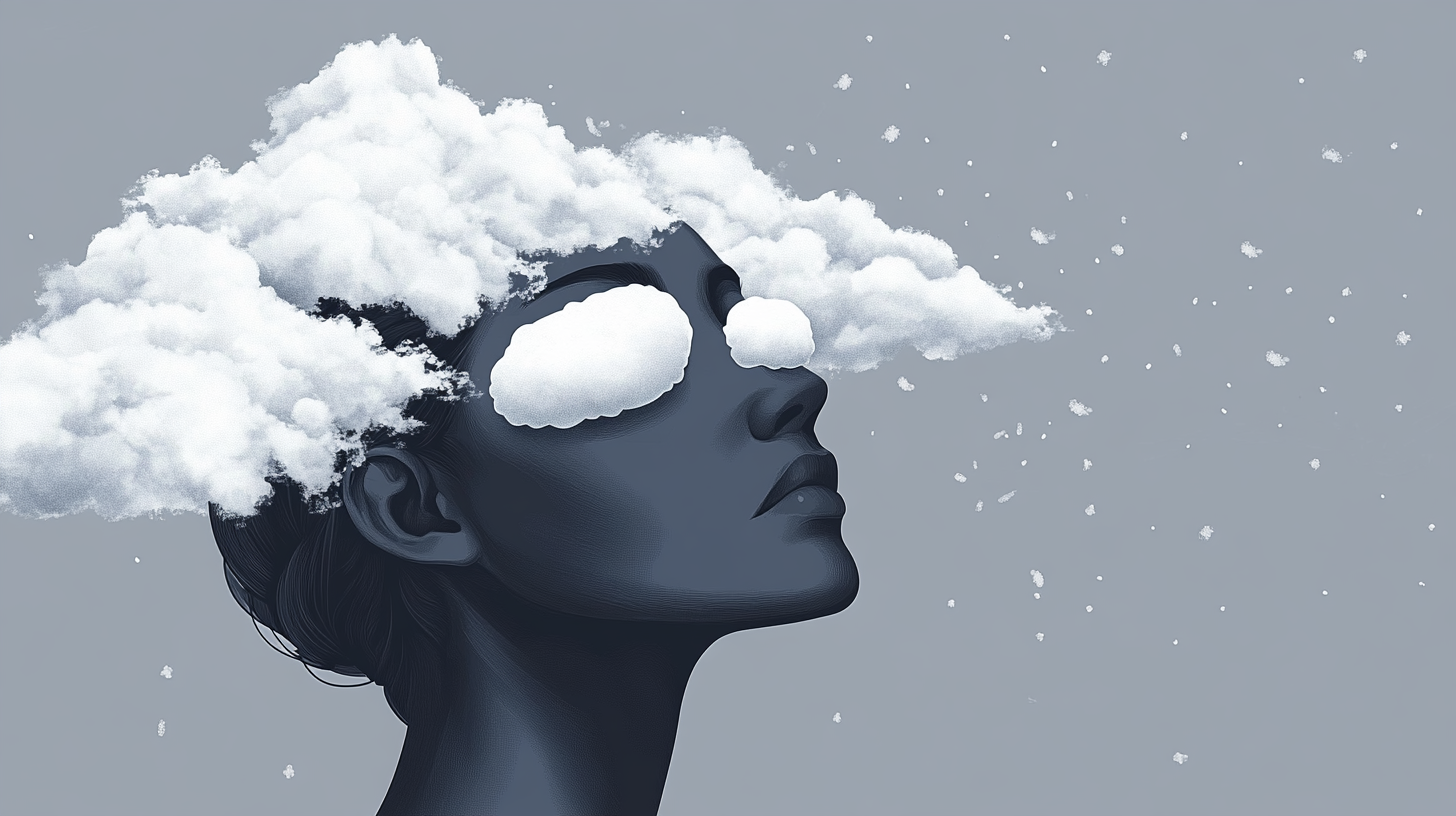 Abstract woman's snowy head with cotton pads, clouds.