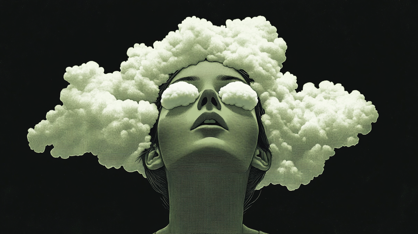 Abstract woman with clouds covering head, white cotton pads.