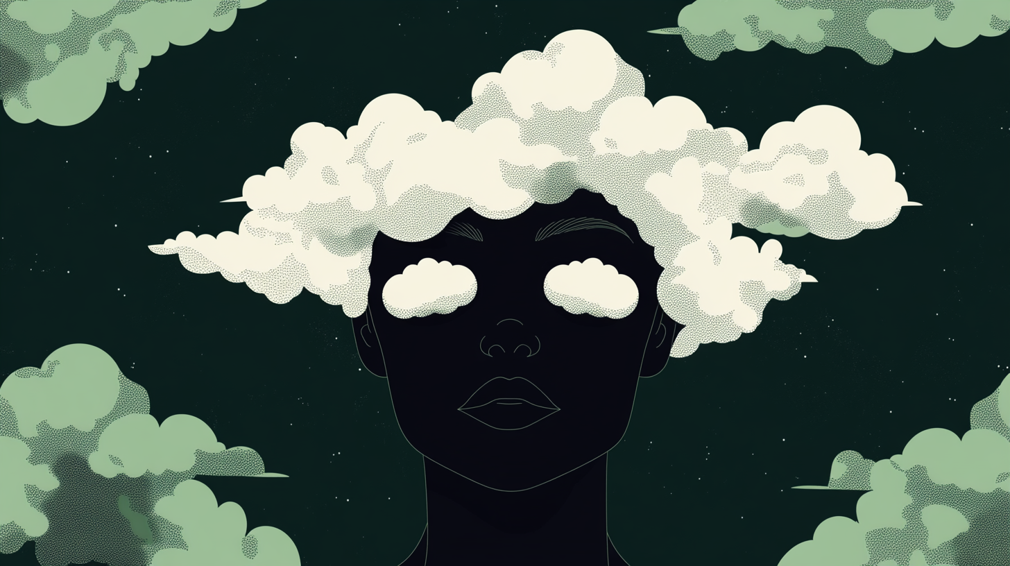 Abstract woman with clouds on head, geometric minimal design.