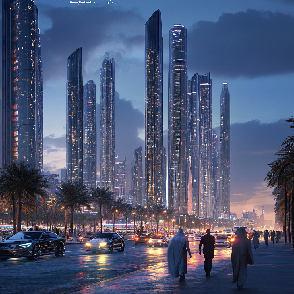 Abu Dhabi city view showing luxury cars, skyscrapers.