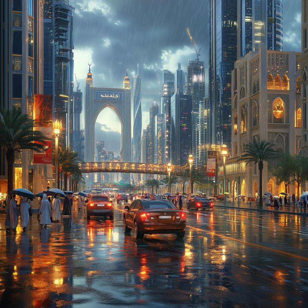 Abu Dhabi city view with Arabic people, rainy day.