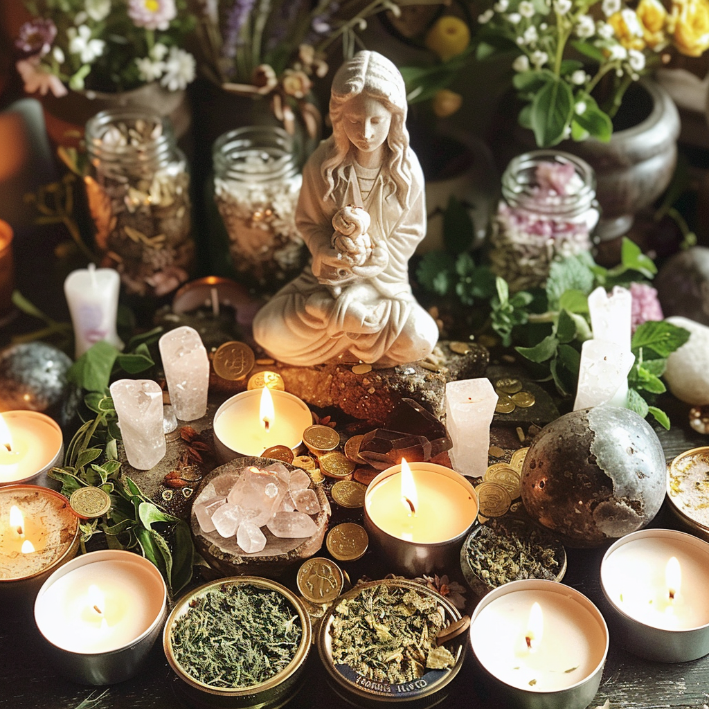 Abundance altar with candles, herbs, crystals, coins, goddess statue.