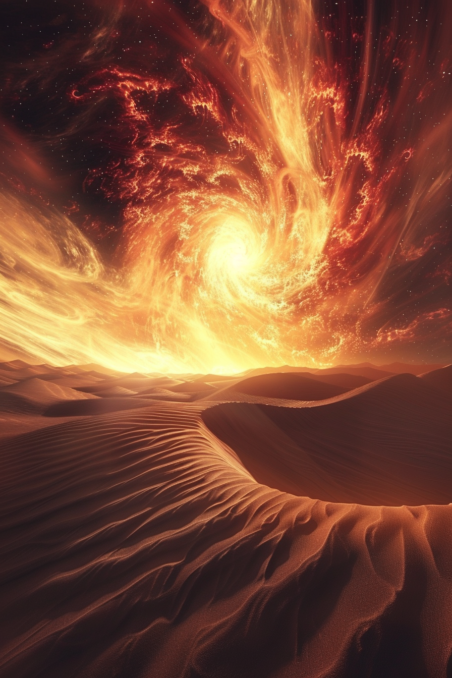 Accretion of star on white dwarf, alien desert scene.