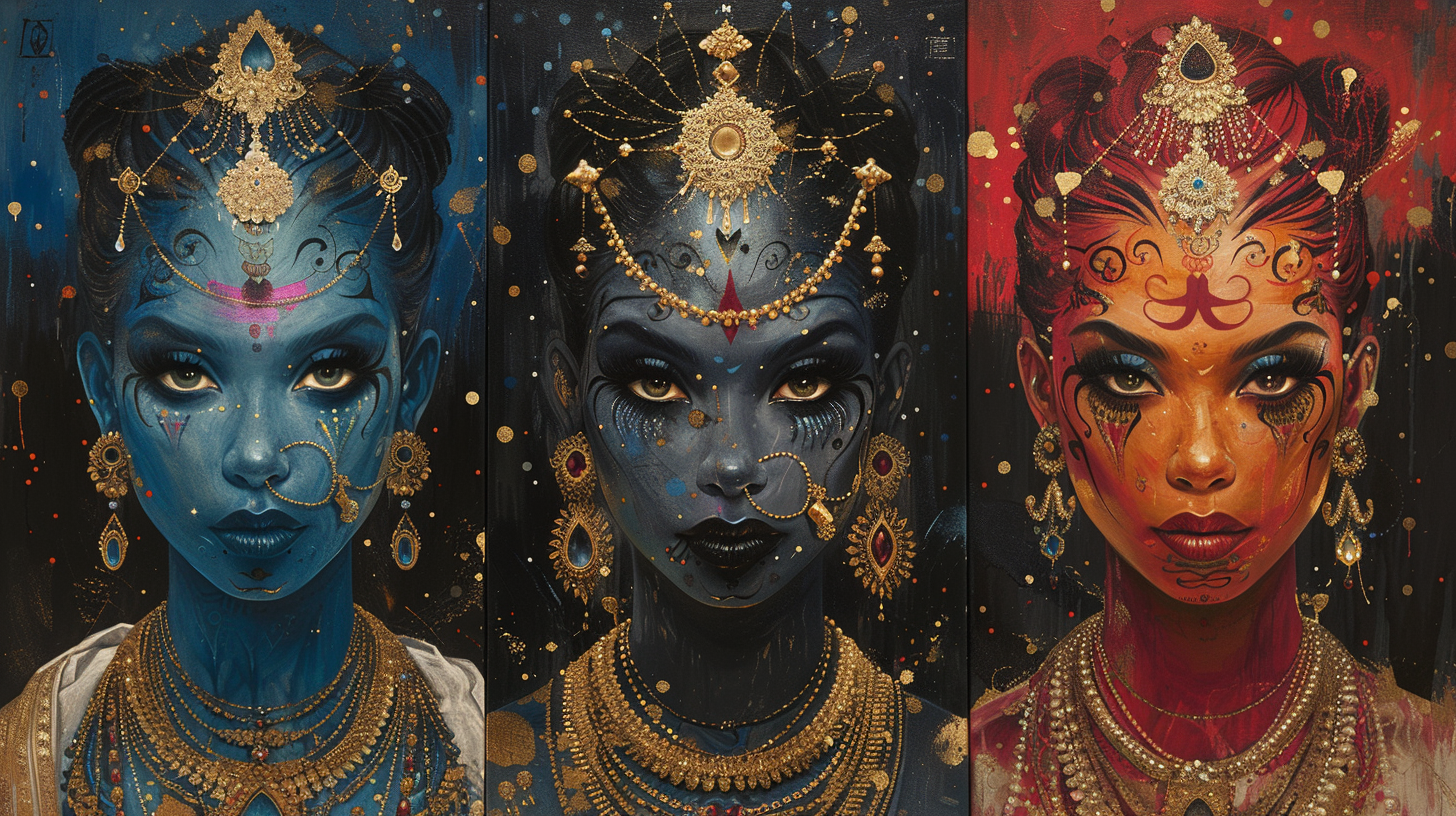 Acrylic painting of Goddess Kali with three moods.