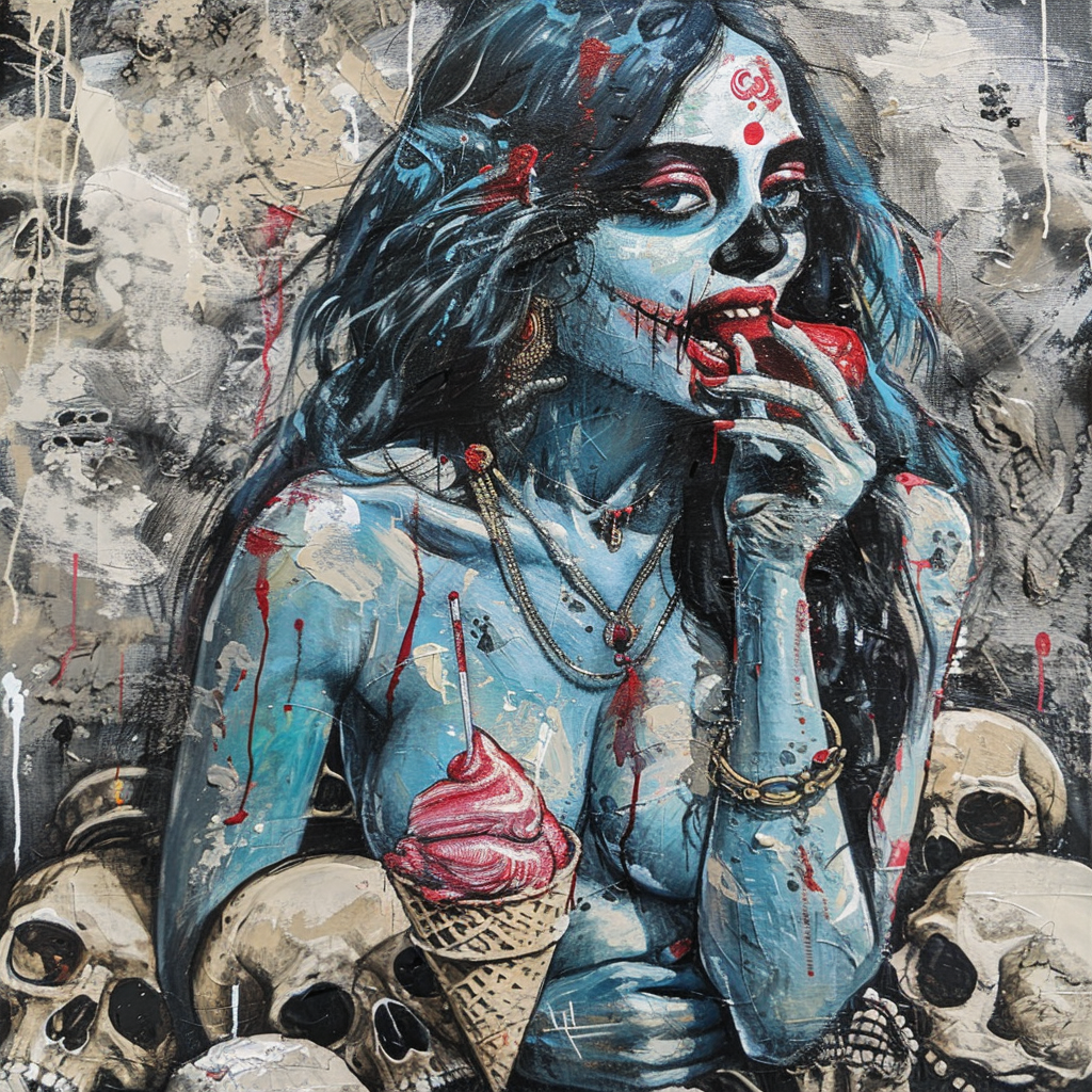 Acrylic painting of blue-skinned goddess Kali enjoying icecream.