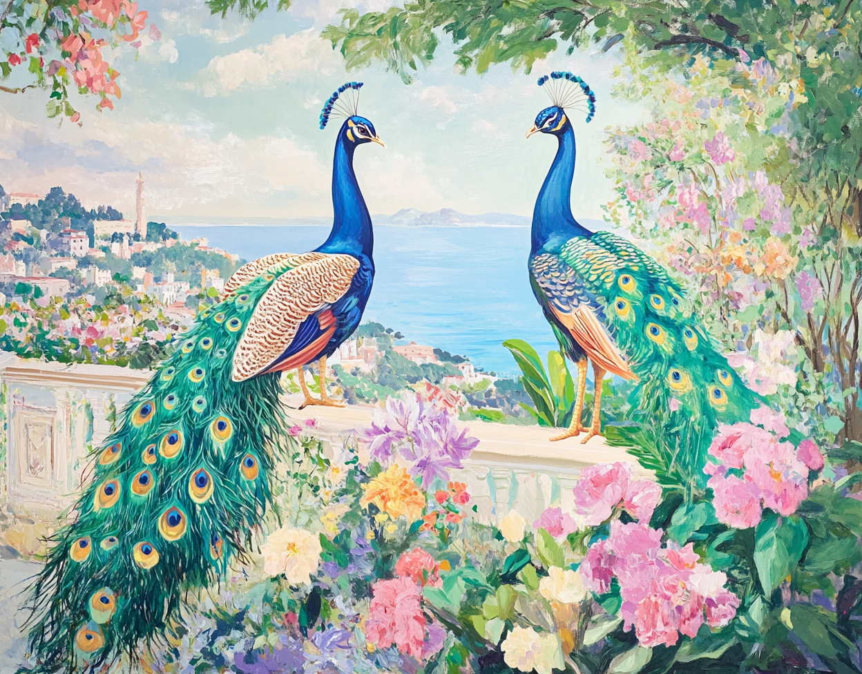 Acrylic painting of two peacocks in a garden.