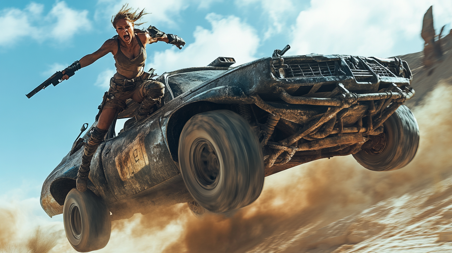 Action shot of Mad Max style 20s female.