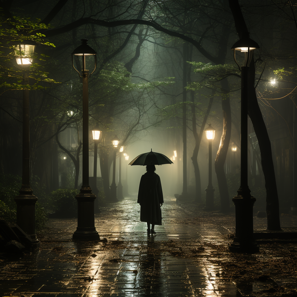 Actress Lin Min-Chen walks alone in park.