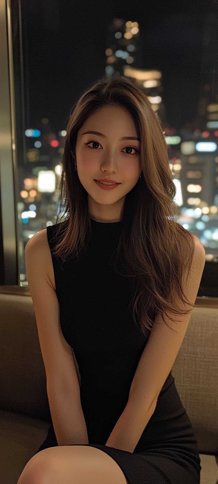 Actress in black dress, stylish cocktail, sitting on sofa.