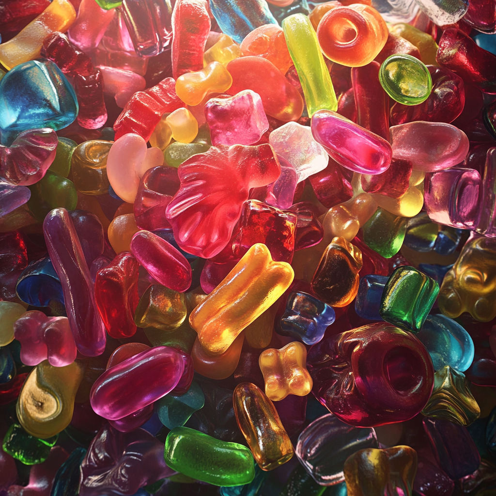 Addicted person surrounded by colorful, bright gummy candy shapes.