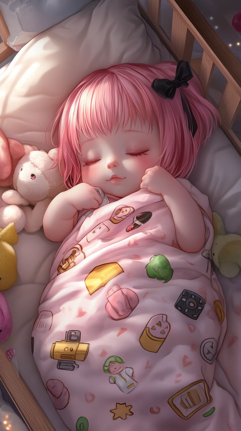 Adorable Baby Anya sleeping with Chimera doll plush.