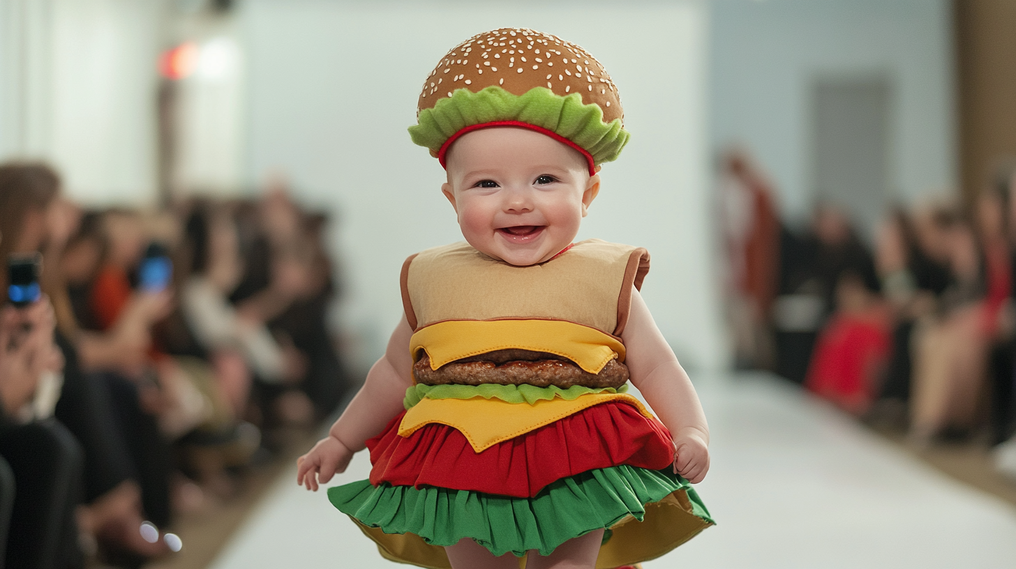 Adorable Baby Fashion Show in Hamburger Costume 