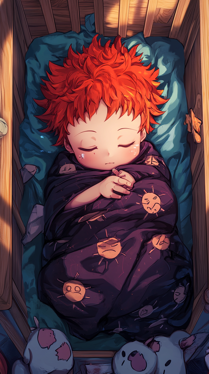 Adorable Baby Sukuna peacefully sleeping in a crib.