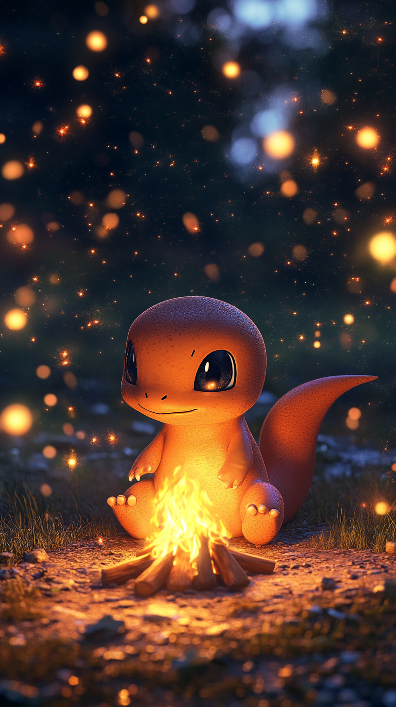 Adorable Chibi baby Charmander by glowing campfire at night.