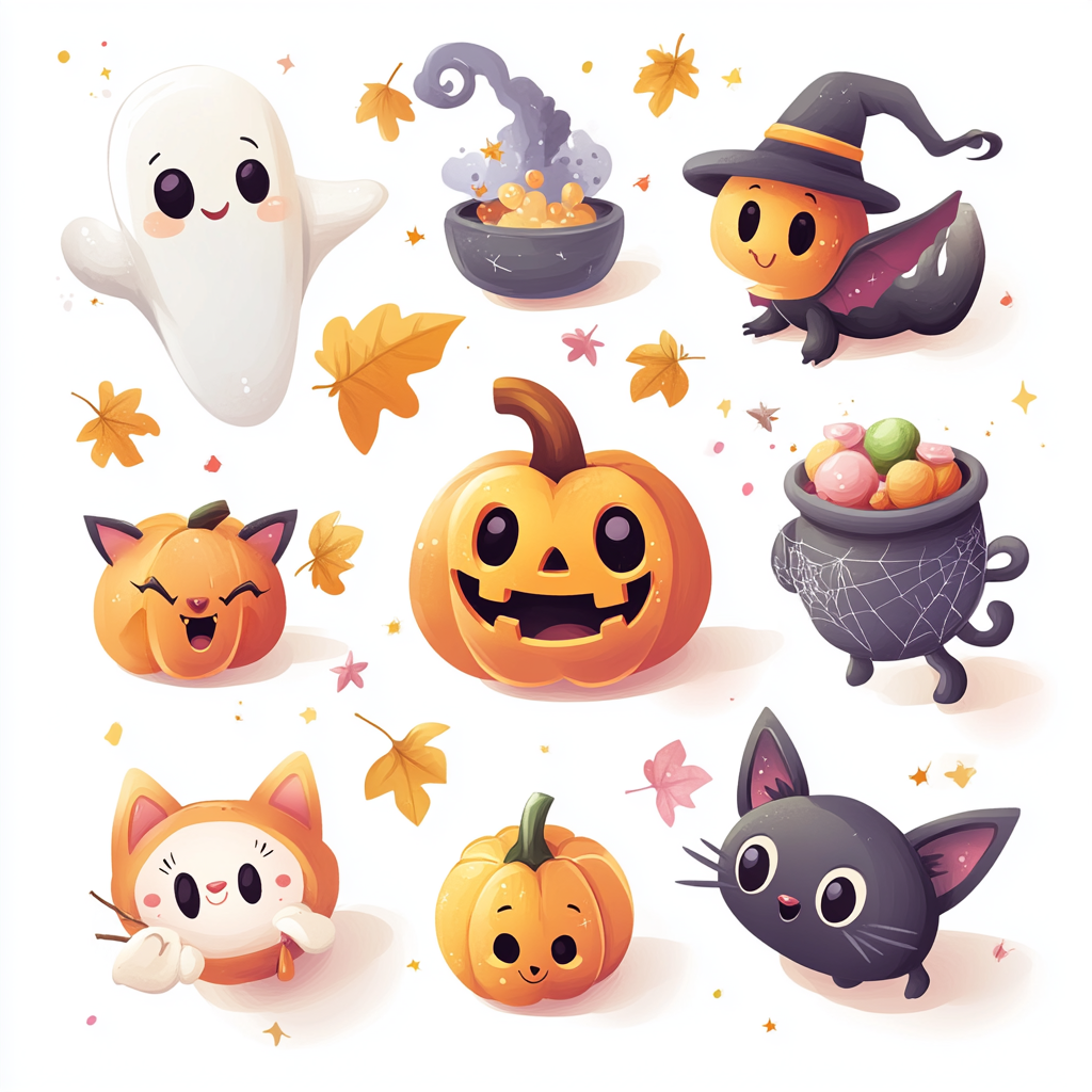 Adorable Halloween Vector Icons Collection: Jack-o'-lantern, Ghost, Witch's Hat, Bat, Cat