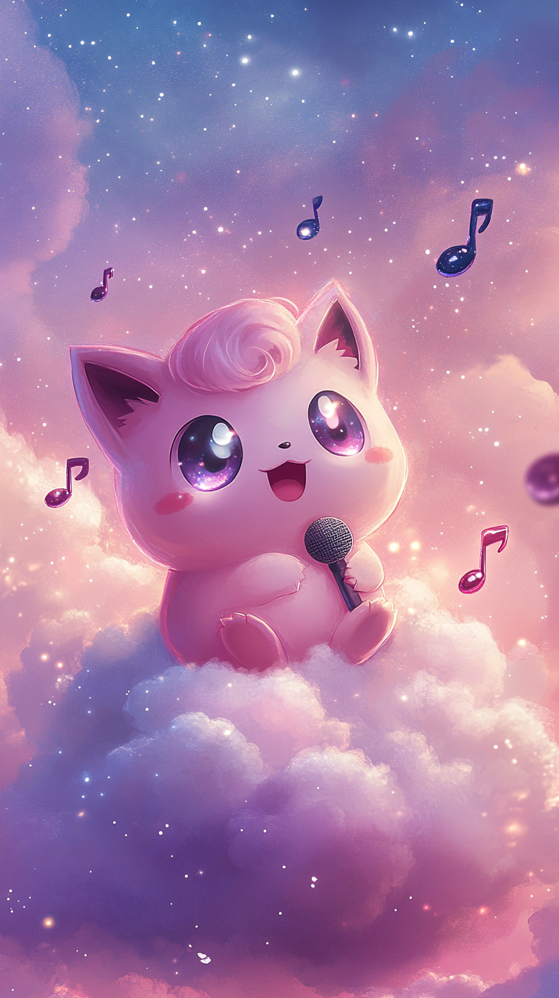 Adorable Jigglypuff sings on fluffy cloud in sky.