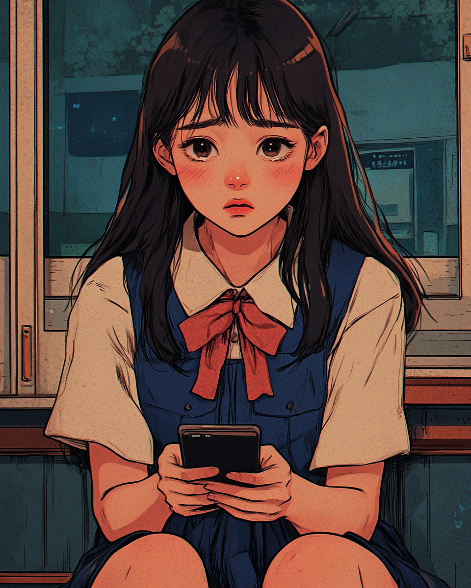 Adorable Korean high school girl looking sad on phone.