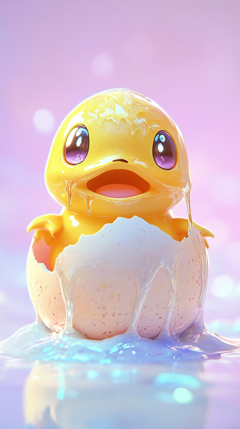 Adorable Psyduck emerges from colorful cracked egg. Confused cutie.