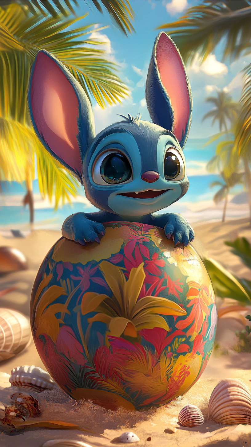 Adorable Stitch in colorful egg on tropical beach scene.