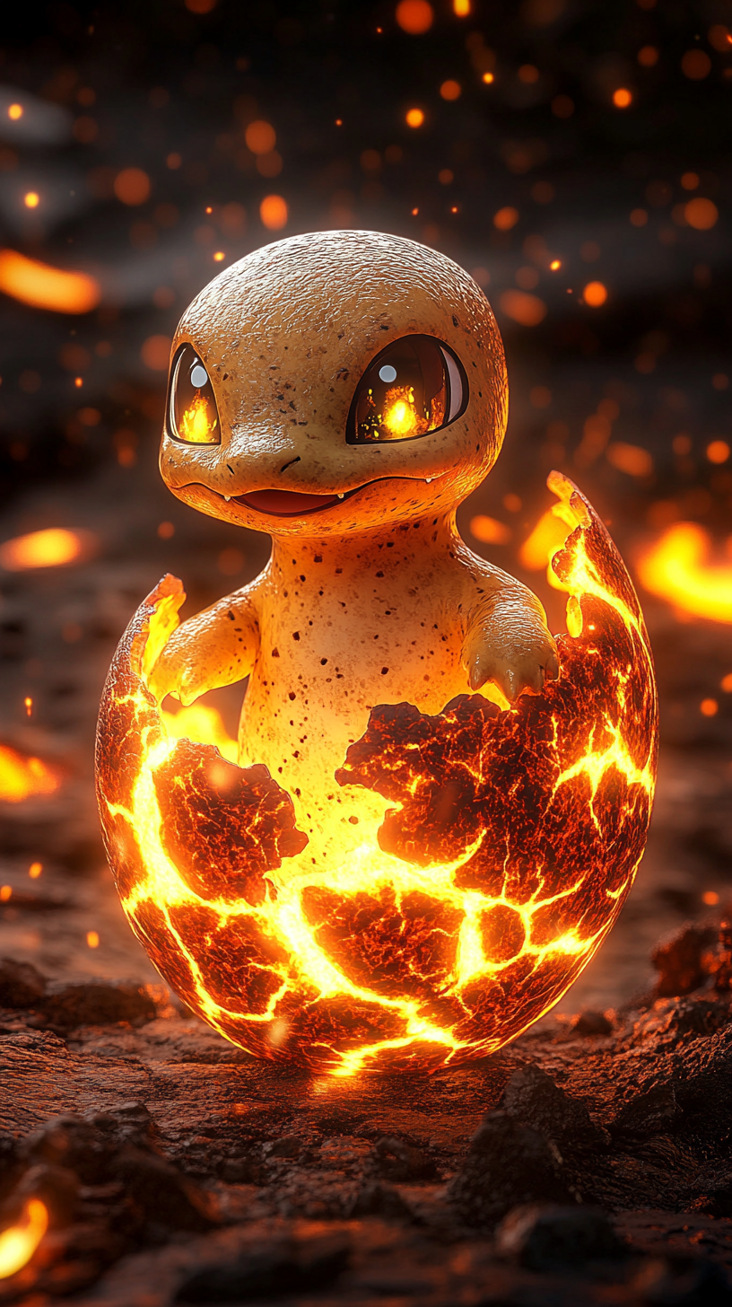 Adorable baby Charmander hatching from fiery cracked egg.