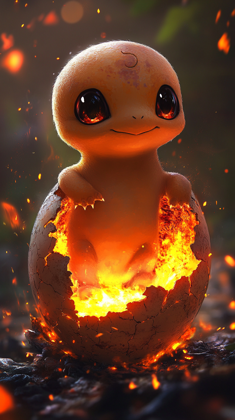 Adorable baby Charmander hatching from glowing egg with flames.