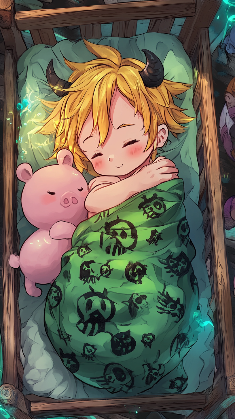 Adorable baby Meliodas sleeps peacefully in magical crib.