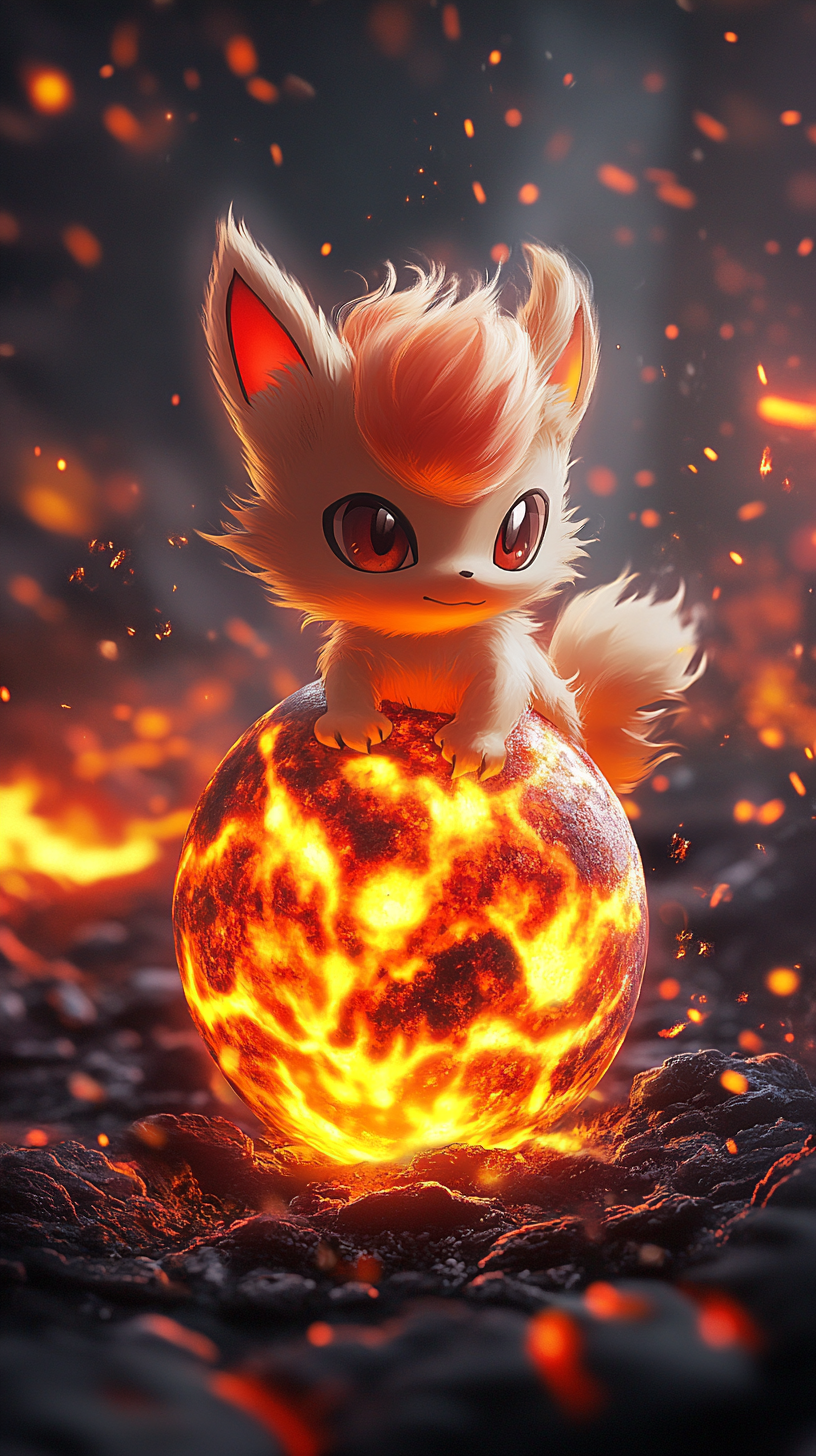 Adorable baby Vulpix hatches from fiery egg. Volcanic background.