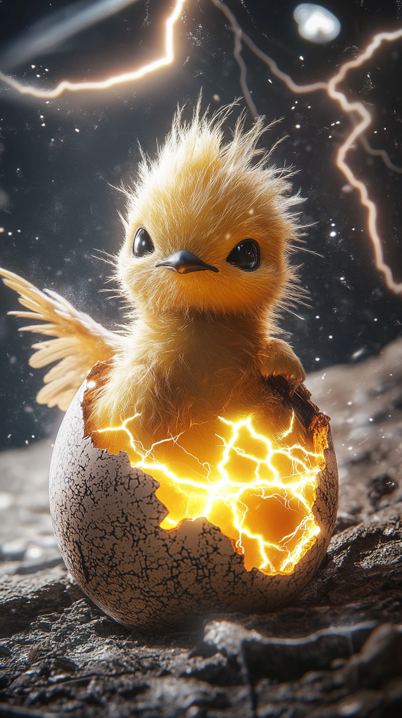 Adorable baby Zapdos hatching from lightning-charged egg.