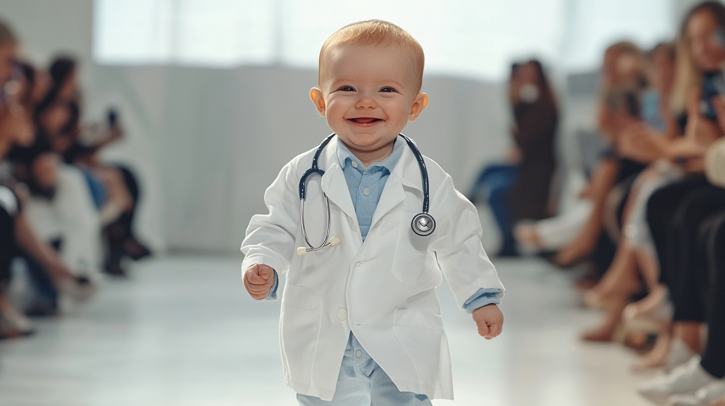 Adorable baby in doctor outfit, confidently strutting runway.