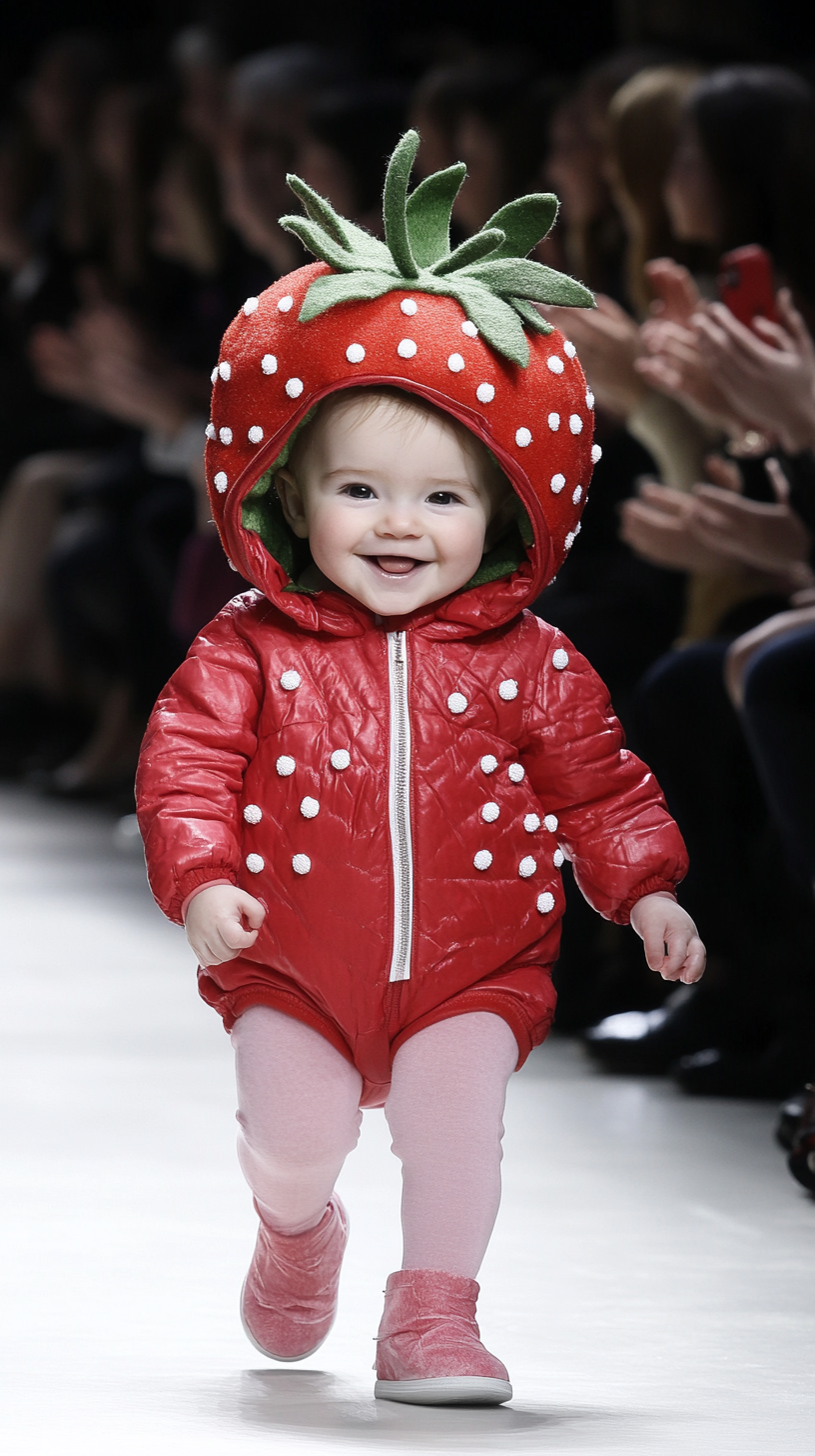 Adorable baby in strawberry costume at Paris Fashion Week.