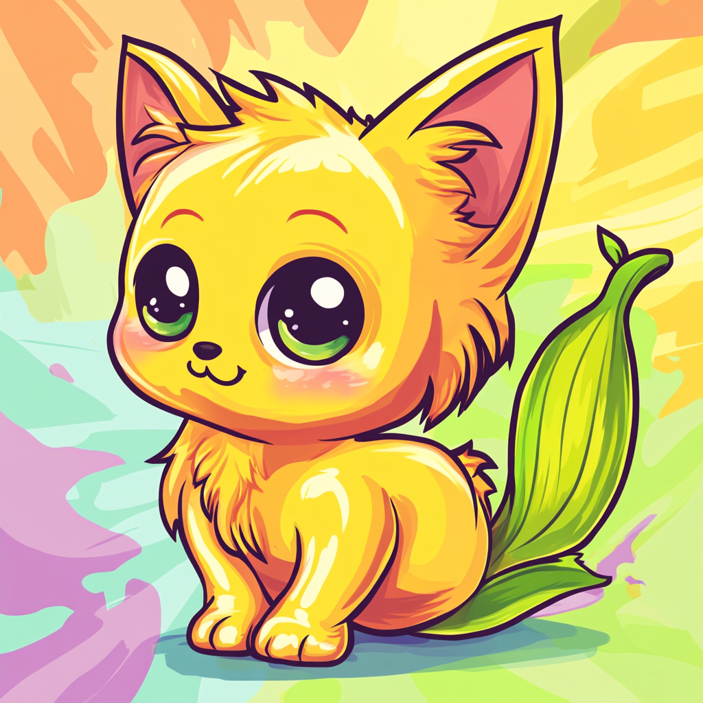 Adorable chibi cat with banana-shaped body and cheerful expression.